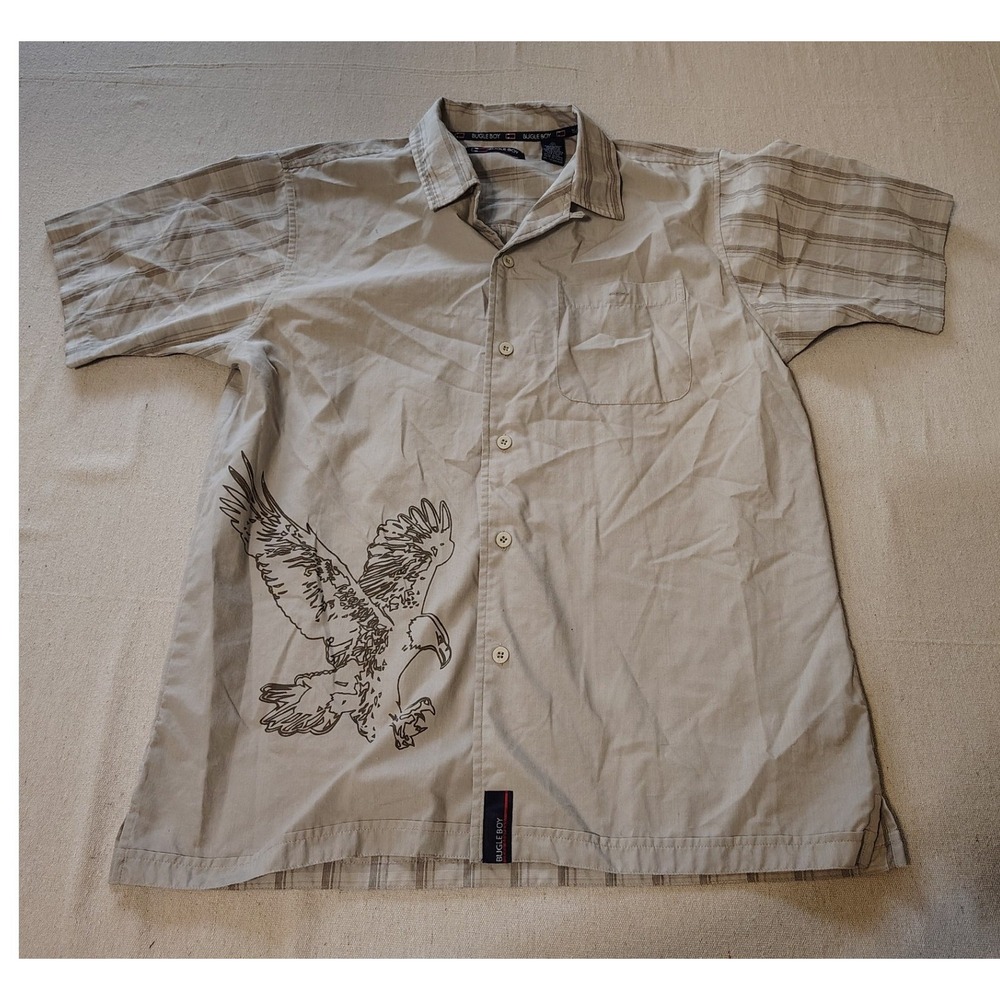 Bugle Boy Mens Short‎ Sleeve Eagle Graphic Plaid Button Up Shirt Pumice Tan M 24